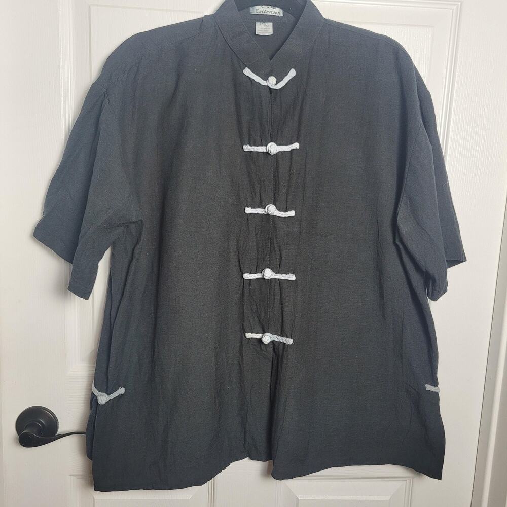 G10 Collection Shirt Mens 2XL Black Silk Mandarin Collar Frog Button Kung Fu